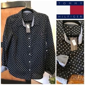 New Tommy Hilfiger Cotton Printed Roll-Tab Size Small Button Shirt